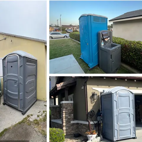 Collage of porta potties placed at homes: beside a house wall, on a front lawn with a hand wash station, and in a driveway